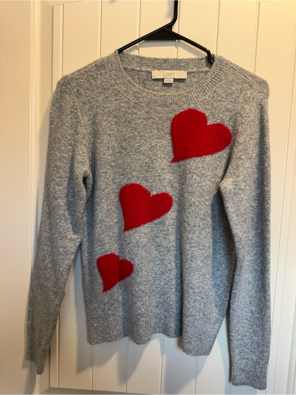 LOFT Light Gray Crewneck Sweater with Red Heart Accents